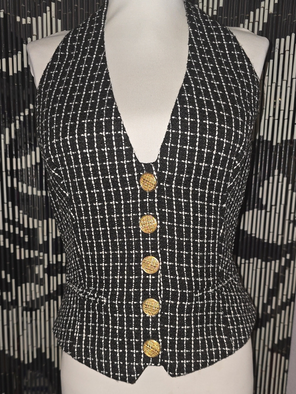 NIA Vivienne Boucle Button Up Halter Top in Black with Gold Buttons Size L